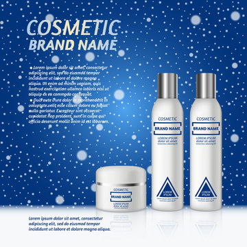 點(diǎn)擊來源直接獲取大圖文件 3d 逼真的化妝品瓶廣告模板 冬季背景下雪花的化妝品品牌廣告概念設(shè)計 模板 3d質(zhì)感矢量日化商品主圖banner模板